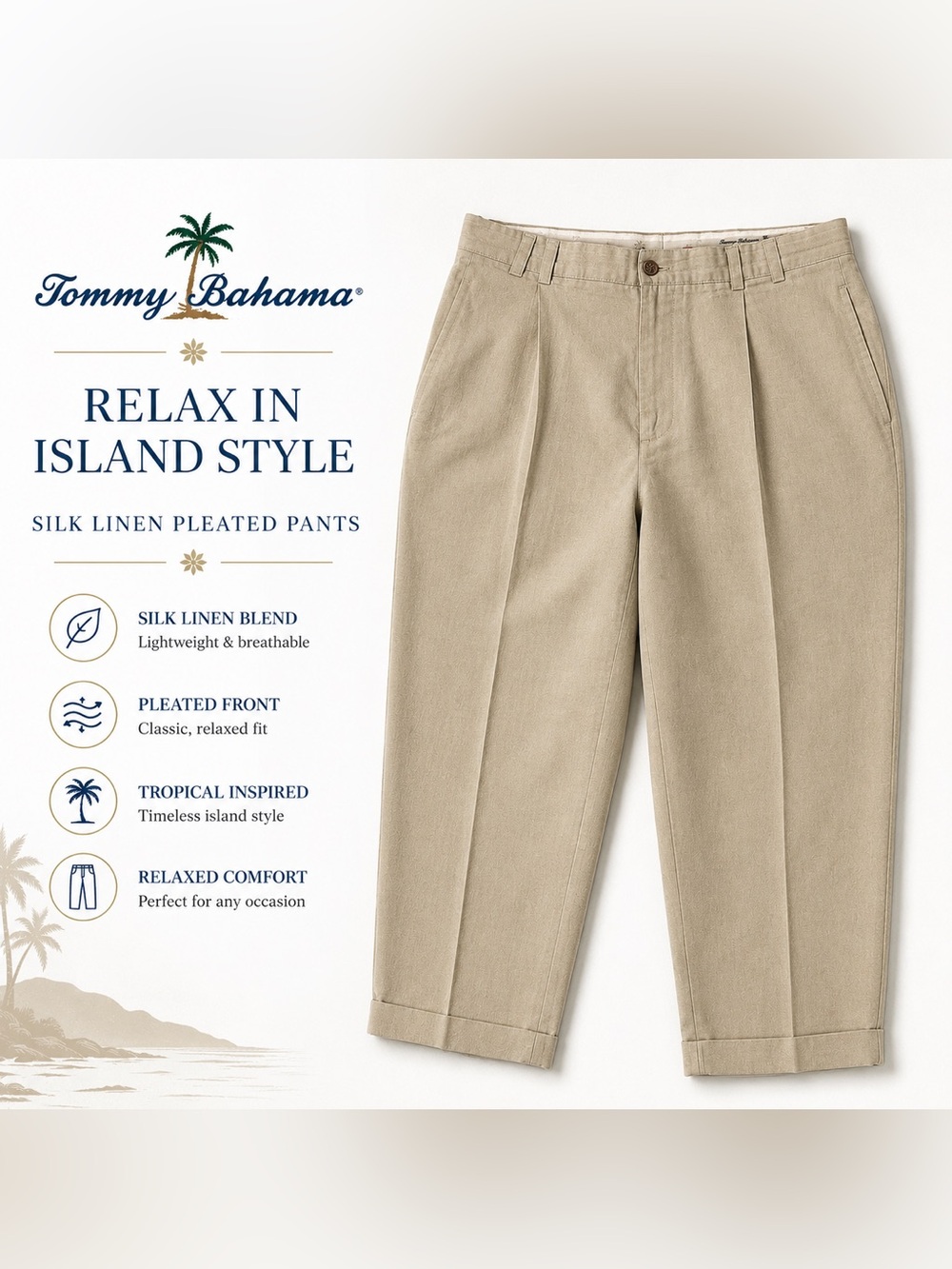 Tommy Bahama Silk Linen Flat Front Khaki Pants Mens 36x28 Relax Fit Cuffed